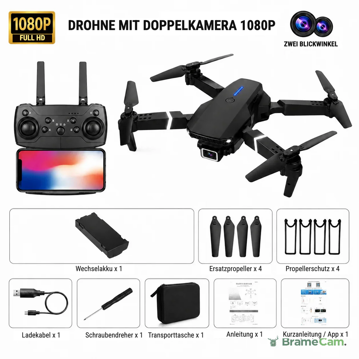 Lieferumfang der BrameCam 1080P-WLAN-Drohne