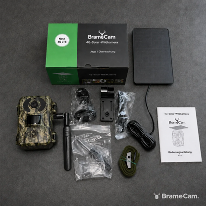 Wildkamera 4G mit Solarpanel – ohne WLAN und ohne Abo, SIM-Karte + MicroSD 128 GB inklusive