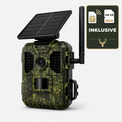 BrameCam 4G-Solar-Wildkamera mit 4G-SIM-Karte und MicroSD-Karte 128 GB im Lieferumfang