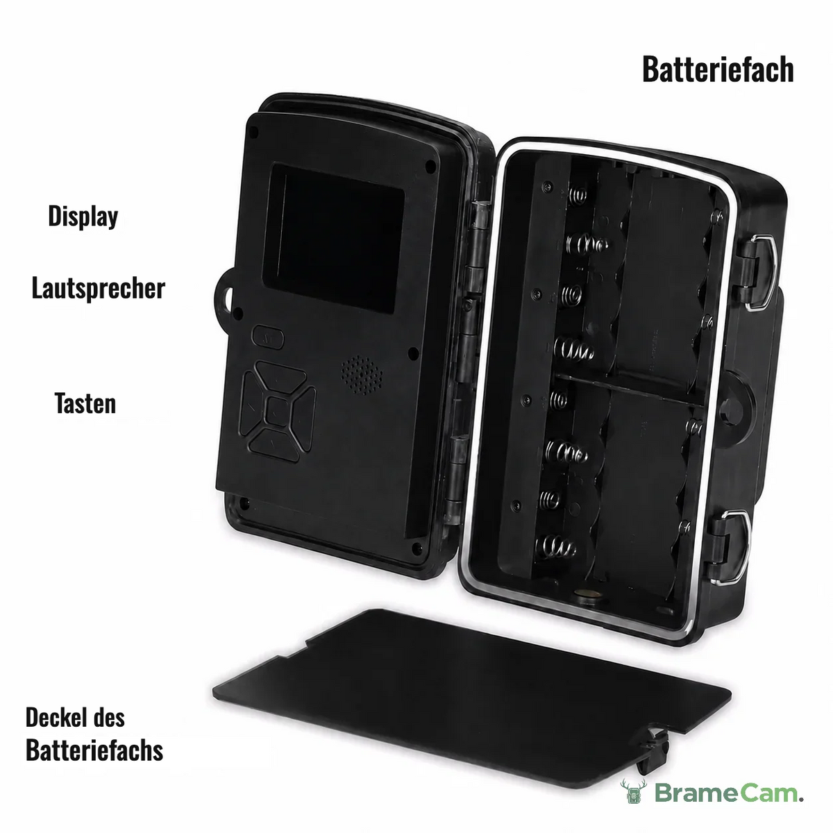 BrameCam Full-HD-Wildkamera geöffnet: Display, Tasten und Batteriefach