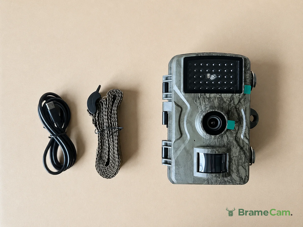 Lieferumfang: BrameCam Full-HD-Wildkamera und Befestigungsgurt
