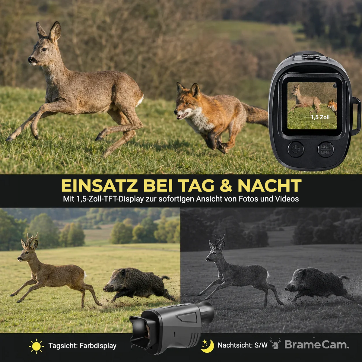 Aufnahme eines Wildtiers mit dem BrameCam Nachtsicht-Monokular HD