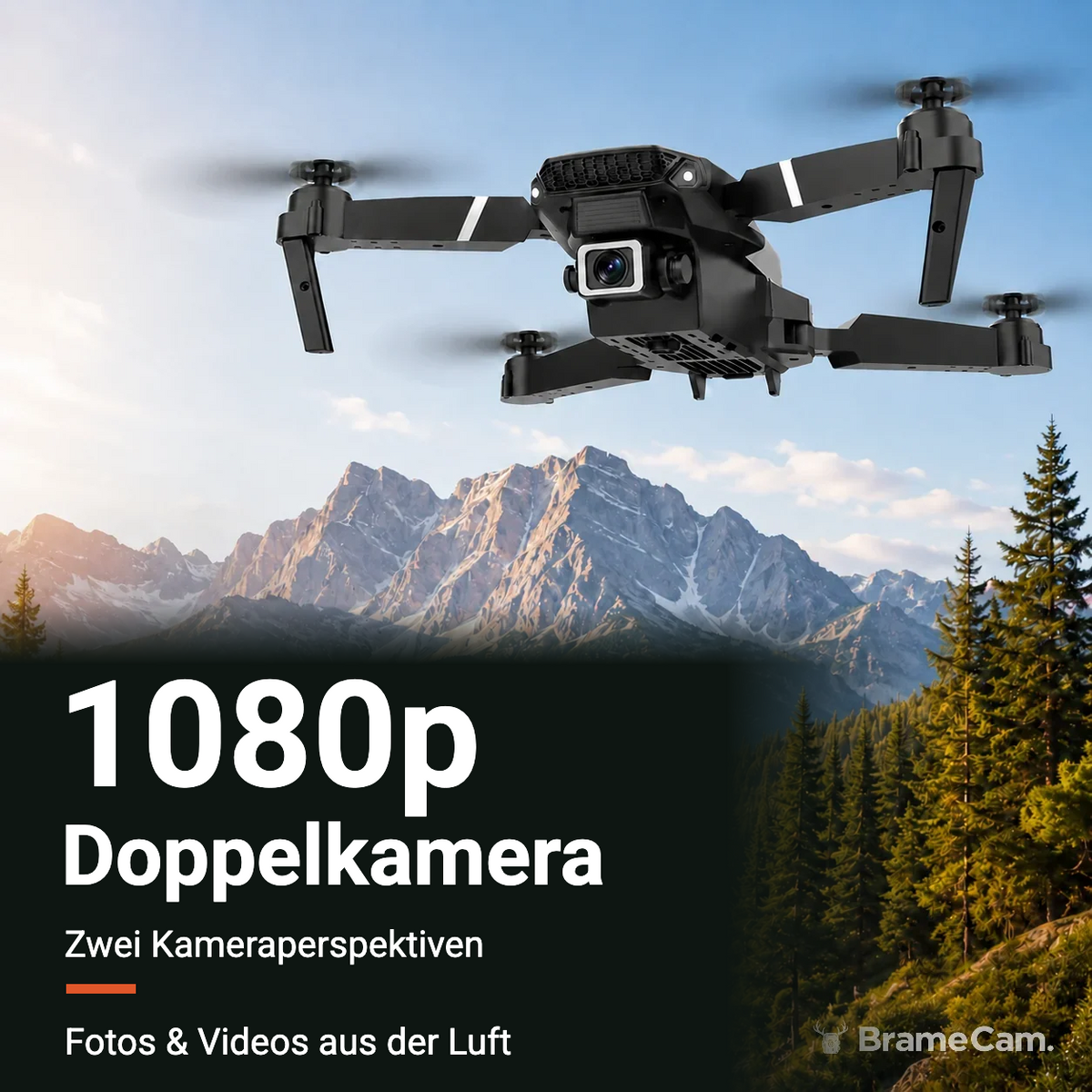 BrameCam 1080P-WLAN-Drohne im Flug über einer Berglandschaft