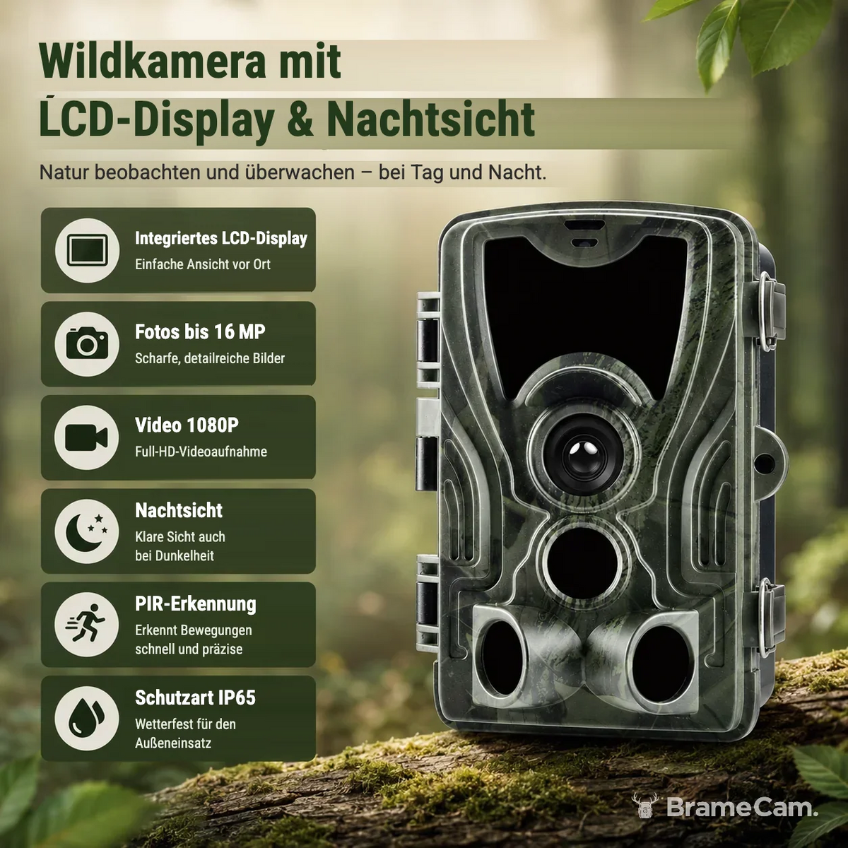 Infrarot-Nachtsicht mit 36 LEDs der BrameCam Wildkamera mit LCD-Display